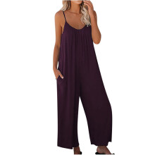 Combinaison-pantalon ample sans manches pour femme QLEICOM, Ă bretelles spaghetti ajustables et pantalon long extensible avec poches, violette,