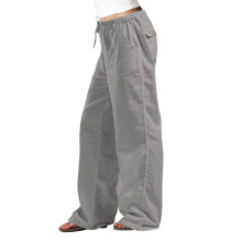 Calça de trabalho feminina casual, cor sólida, modelagem solta, bolsos, cintura elástica, comprimento longo, cinza.