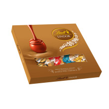 Lindt LINDOR sharing box, Surtido de bombones de distintos sabores, chocolate con leche cremoso, chocolate negro intenso, caramelo con sal y chocolate