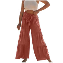 Calça feminina casual de cintura alta com elástico na cintura e cordão ajustável, cor sólida, com babados e pernas largas.