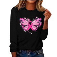 Blusa negra de manga larga de algodón para mujer, verano 2024. Blusa de manga larga con cuello redondo y estampado gráfico de cáncer de mama para