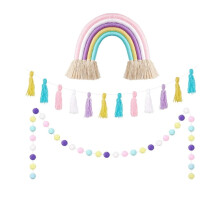 Pastel Rainbow Wall Decor Set – Tassel Garland, Pom Pom Balls & Banner for Girls' Bedroom, Party, Classroom, Nursery – 3 Pack