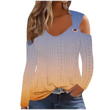Orangefarbenes, lässiges Langarmshirt mit Knopfleiste, Rundhalsausschnitt, Polyester, Farbverlauf, Damen, Größe XL