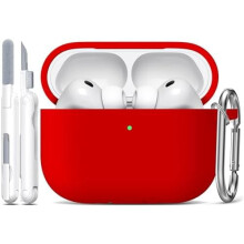 Zachte siliconen hoes voor AirPods Pro3 (2025), compatibel met USB-C, inclusief schoonmaaksetje en sleutelhangertje – rood