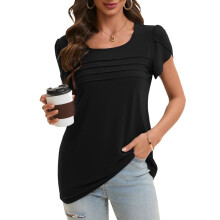 Damenbluse mit Falten, Rüschen und kurzen Ärmeln, Rundhalsausschnitt, Business-Shirt für den Sommer, Schwarz, XL