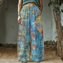 Damen-Freizeithose im Boho-Stil mit Retro-Print aus Baumwolle und Leinen, elastischem Bund, Blättermuster und Tasche