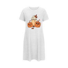 Dámske šaty na spanie s potlačou tekvíc v štýle Halloween 2025, okrúhly výstrih, krátky rukáv, pohodlná nočná košeľa, biele 3XL-5XL