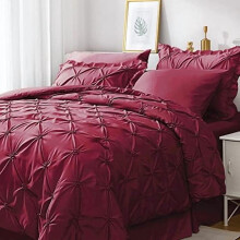 7-teiliges Bettwäscheset in King-Size, dunkelrot, Komplettset fürs Schlafzimmer, inklusive Bettdecke, Laken, Rüschenkissenbezügen und