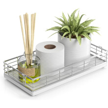 Cestino porta carta igienica, vassoio da 33 cm in rovere e ferro per serbatoio del WC, organizer per articoli da bagno, soggiorno e cucina (bianco)
