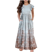 Vestido de verão infantil de manga curta, gola redonda, estampa moderna, bolso, confortável para o dia a dia (Vinho nº 5, 10-11 anos)
