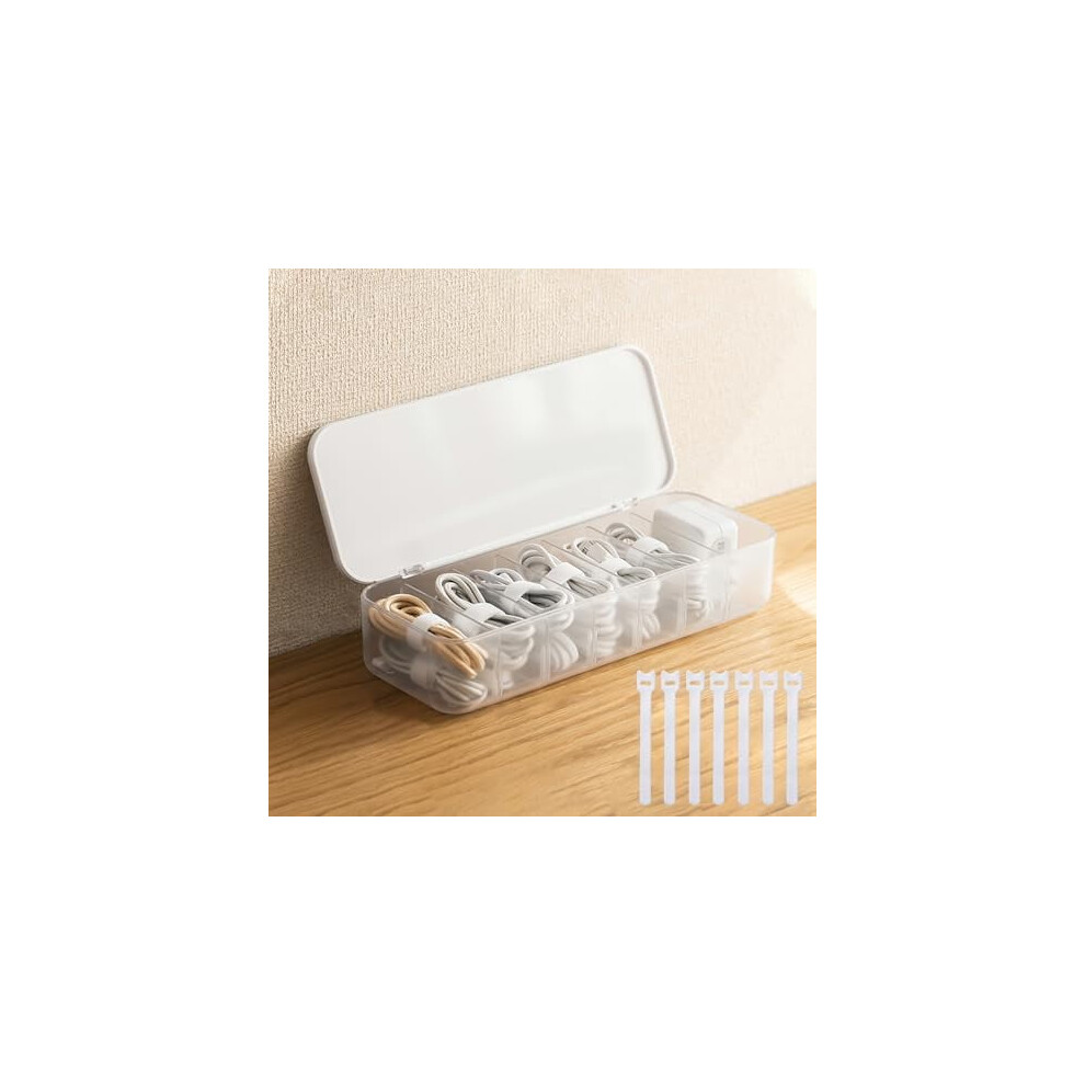 White Cable Organizer Box With Lid, 7 Compartments & Wire Ties Â Desktop Power Cord Management For Office/Home 9402001926043