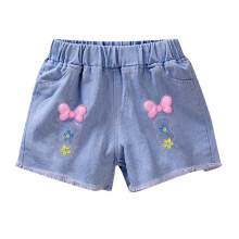 Zomerse denim shorts voor kleine en grote meisjes met elastische tailleband en bloemenborduursel, trendy korte broek met zakje voor kinderen van 9-11