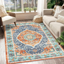Machine Washable 6x9 Ft Vintage Chenille Print Rug, Non-Slip, Low Pile for Living Room/Bedroom/Dining Room/Home Office (Red)