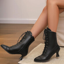 Damen-Mittelhohe Stiefel mit Holzmaserung, seitlichem Reißverschluss, Schwarz, Größe 6,5