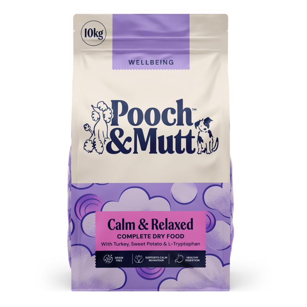 Pooch & Mutt - Calm & Relaxed Complete Dry Dog Food Free (Regular Sized Kibble), For Calming Hyperactive Or Anxious Dogs, Turkey And Sweet Pota Grain