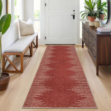 Tapis d'entrée 2x6, lavable, idéal pour la cuisine, couleur neutre, à rayures antidérapantes, style ferme, rouge.