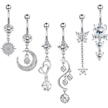 Hängender Bauchnabelpiercing, silberfarben, hypoallergener Edelstahl 316, 14G, 3/8 Zoll Länge, 6 Stück