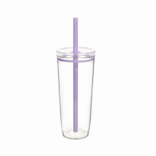 Copo de plástico transparente com tampa e canudo, 600ml