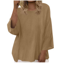 Blusa casual de talla grande para mujer, color liso, cuello redondo, manga tres cuartos, corte holgado – Tejido suave, cómoda para uso diario.