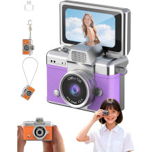 Mini digitalt vloggkamera med 1,47" vippeskjerm, 720p bærbar videoopptaker for selfier, innebygd blits, 64 GB minnekort inkludert