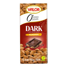 Valor - Chocolate puro con Almendras enteras Mediterr?neas. Sin Gluten. 0% Az?cares a?adidos. Chocolate puro Valor apto para Celiacos - 150 Gramos (Pa