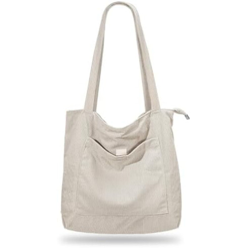 Borsa tote da donna in velluto a coste con cerniera e tasche interne.