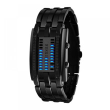 Montre de sport pour homme à affichage binaire, numérique, matrice LED, bracelet en acier inoxydable, rétroéclairage bleu carré