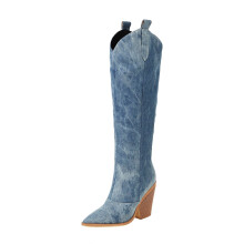 Botas negras de mujer de talla grande, punta afilada, tacón alto, caña alta, hasta la rodilla. Talla estadounidense: 7.5 (40).