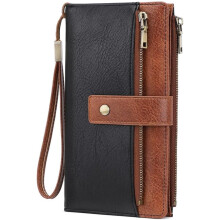 Portofel din piele cu trei pliuri, cu blocare RFID, pentru femei – portofel compact, de mare capacitate, moale, maro-negru (compatibil cu modelul