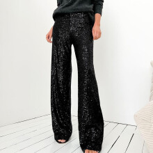 Sequin Pants for Women, Womens Sparkly High Waisted Trousers, Solid Color Sequins Fashion Casual Straight Pants Black