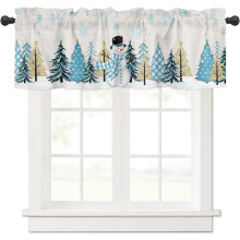 Cantonnière à œillets à carreaux bleus, motif sapin de Noël et bonhomme de neige, 137 x 46 cm, 1 panneau, pour cuisine/salle de bain/chambre –