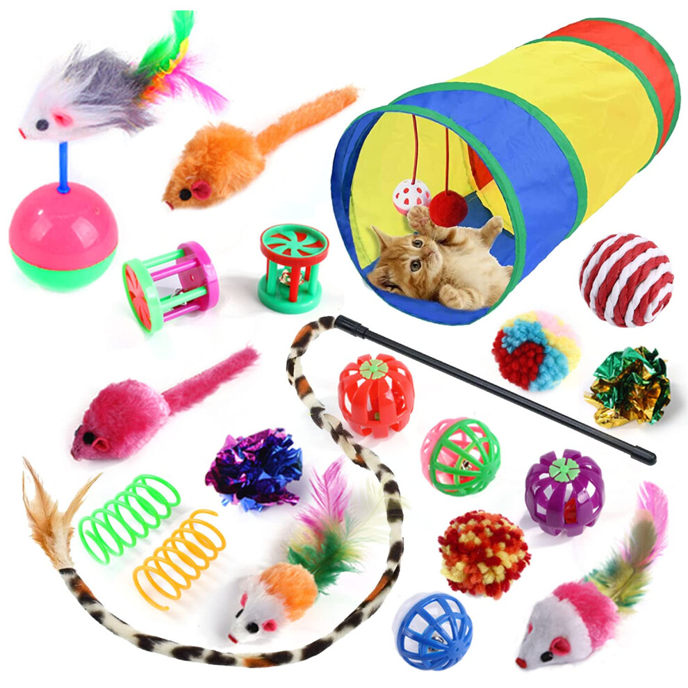Wefine 20 Pcs Cat Toys For Indoor Kitten, Collapsible Tunnel, Interactive Feather Wand Ball Spring Mice Toy For Puppy Kitty