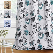 Rideaux occultants 96 po (paire) – Isolation thermique, économie d'énergie, motif floral vintage gris et turquoise, compatibles avec les tringles