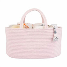 Cesto Organizador de Fraldas Rosa para Bebê – Cesta Portátil de Corda para Trocador, Carro e Viagens; Compatível com Artigos Essenciais para o