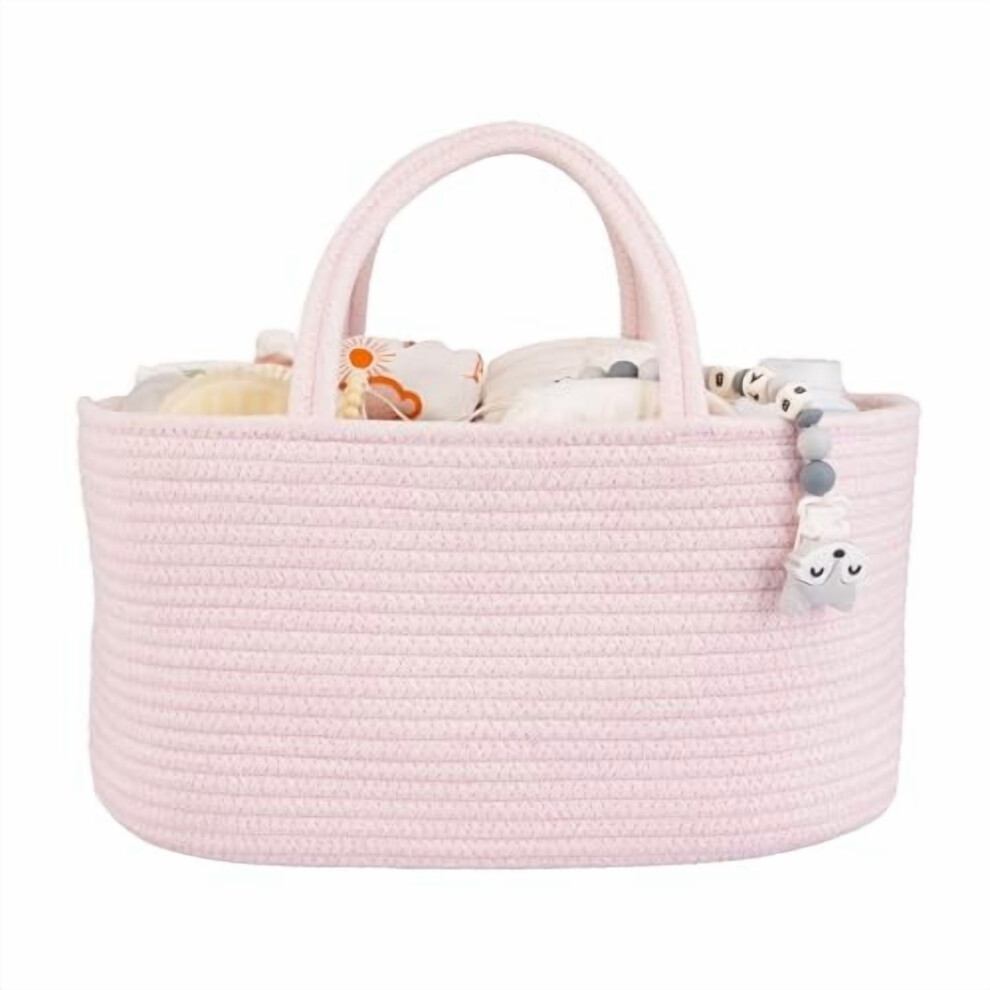 Pink Baby Diaper Caddy Organizer – Portable Rope Basket for Changing Table, Car & Travel; Compatible with Nursery Essentials