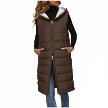 Kukoosong damespuffervest, lichtgewicht mouwloze jas met tweewegritssluiting, lange warme jas met capuchon en zakken