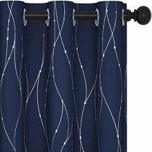 Navy Blue Blackout Curtains 42x72", Thermal Insulated, Soundproof, Silver Wave Dots, Grommet Top, Machine Washable — Compatible with Standard Rods