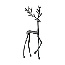 Escultura de rena em metal preto, estilo moderno europeu.