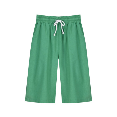 Bermuda feminina de verão, cor sólida, cinco pontos, algodão e linho, verde.