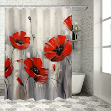 Douchegordijn met rode bloemenprint en haken voor de badkamer, 100% polyester, chique moderne stijl, waterdicht, sneldrogend, 60x72 cm