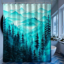 Rideau de douche bleu sarcelle foncé, motif forêt, pour salle de bain. Tissu polyester imperméable avec crochets, 178 cm (largeur) x 198 cm