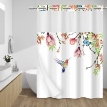 Douchegordijn zonder haken met kliksluiting, waterdichte stof, roze bloemenprint met blauwe vogels, wasbaar, 71x74 inch