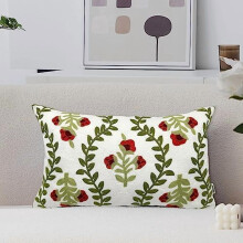 Housse de coussin lombaire brodée de fleurs, 30 x 50 cm, toile de coton, fleurs rouges et feuilles vertes, style champêtre, compatible avec les