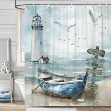 Nautisch kustdouchegordijn 70x84 inch – Ontwerp met oceaan, vuurtoren en zeilboot, blauwgroen decor, met haken, geschikt voor standaard douches