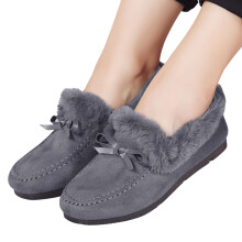 Bottines plates en daim à nœud duveteux pour femmes, style mocassin, chaudes et résistantes, doublées de fausse fourrure, style décontracté.