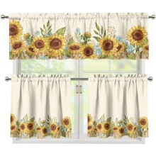 Ensemble de rideaux et cantonnière de cuisine à motif tournesol jaune automnal, voilage de 91 cm (36 po) avec cantonnière, style champêtre,