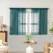 Teal Turquoise Sheer Cafe Curtains, 45" Cotton Crochet Victorian Lacey Drapes with Tassels, Rod Pocket, Light Filtering, 2 Panel, Compatible with