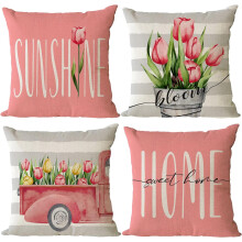 Set of 4 Tulip Pillow Covers 16x16, Pink Floral Square Cushion Covers for Couch, Sofa, Patio – Spring/Summer Home Decor