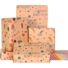 Papel de regalo de cumpleaños, papel kraft marrón reciclado, hojas precortadas y plegadas con diseño de globos y estrellas arcoíris.