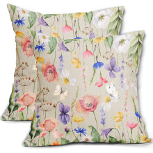Frühlingsblumen-Kissenbezüge, 45 x 45 cm, 2er-Set, Aquarell-Blumenmuster, dekorative Leinenkissen für Sofa, Couch, Bett, Garten und Landhausstil